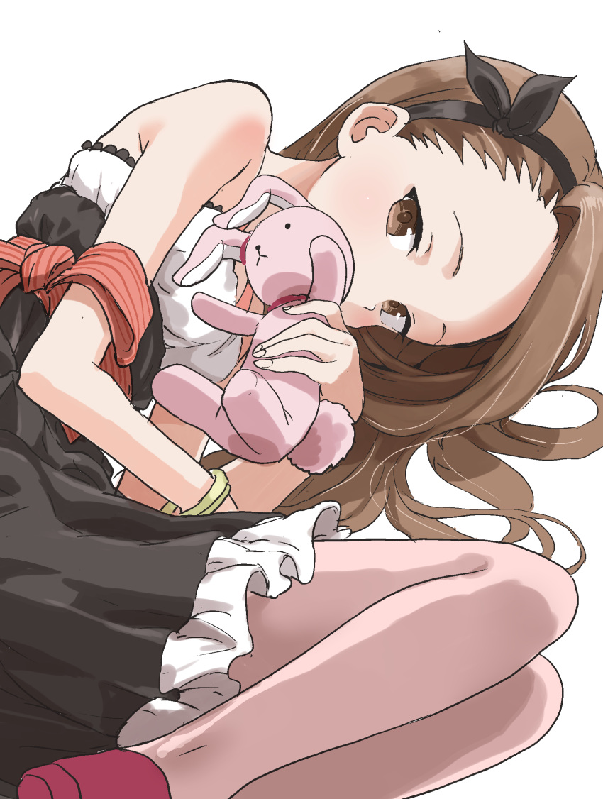 1girl bare_shoulders black_dress black_hairband bracelet brown_eyes brown_hair covered_mouth curled_up dress fingernails hairband highres holding holding_stuffed_animal idolmaster jewelry long_hair looking_at_viewer lying minase_iori on_side pantyhose shoes simple_background solo stuffed_animal stuffed_bunny stuffed_toy white_background yamamoto_souichirou