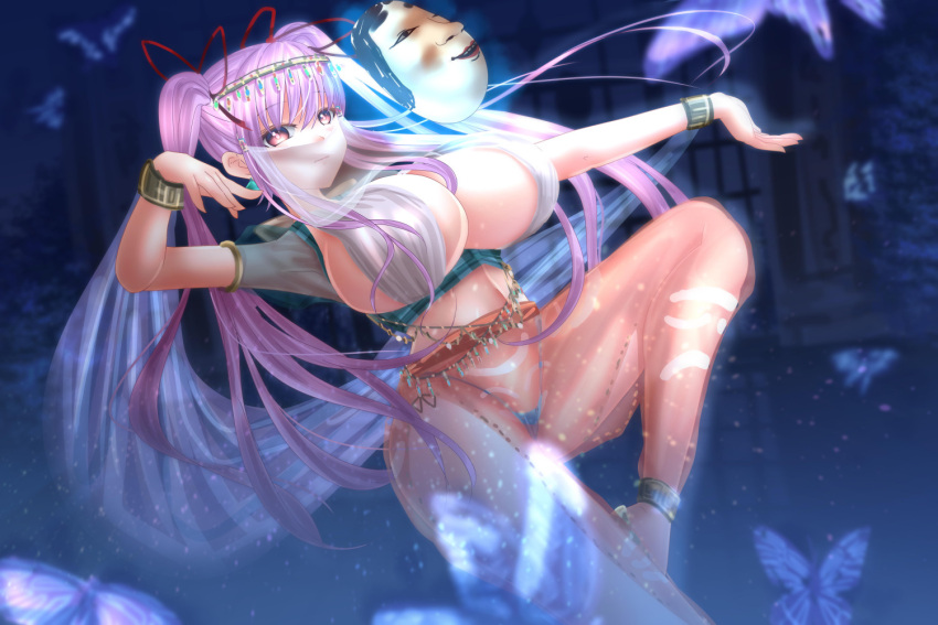 1girl adapted_costume alternate_costume alternate_hairstyle arabian_clothes aura bangs bracelet breasts butterfly darkness hair_ribbon hata_no_kokoro highleg highleg_panties jewelry knee_up large_breasts leg_up leggings light_particles long_hair mask night noh_mask outdoors outstretched_arm panties pink_eyes pink_hair plaid revealing_clothes ribbon see-through shawl shounen_(hogehoge) shrine smile solo stomach thong touhou tree twintails underwear veil