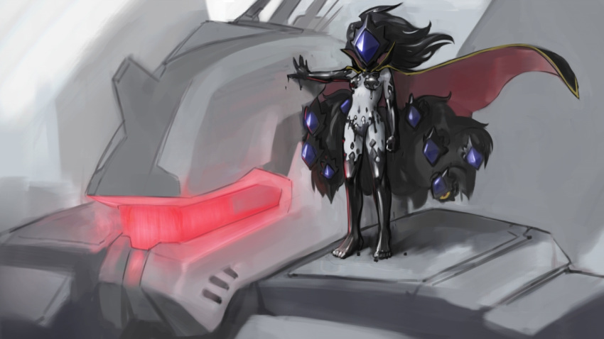 1girl black_hair cape clenched_hand code_geass cosplay covered_face extra_eyes facing_viewer floating_hair gazer_(monster_girl_encyclopedia) glowing long_hair mask mecha monster_girl monster_girl_encyclopedia navel nude on_shoulder paintrfiend red_eyes slime solo standing tail tentacle yellow_sclera zero_(code_geass) zero_(code_geass)_(cosplay)