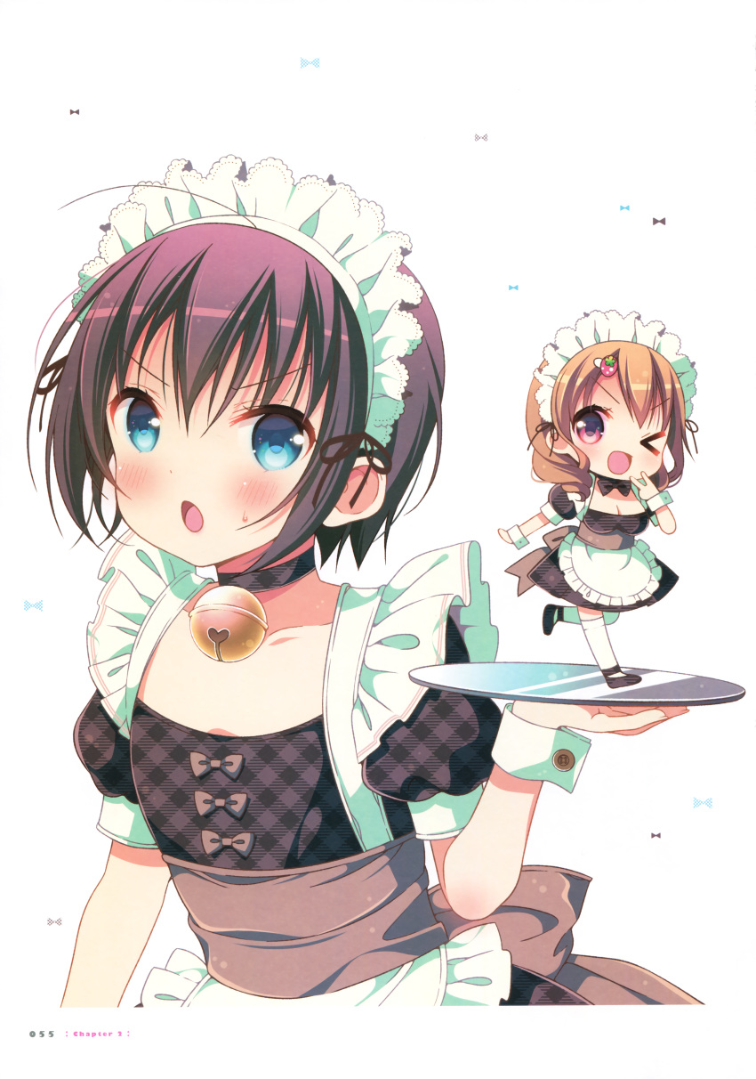 &gt;:o &gt;;d &gt;_o 2girls :o ;d absurdres apron aqua_eyes bell bell_collar black_footwear black_hair blush bow bowtie breasts brown_hair chibi cleavage collar dress flat_chest highres holding holding_tray jingle_bell large_breasts maid maid_apron maid_headdress march-bunny maria_(watashi_no_tomodachi_ga_sekaiichi_kawaii) minigirl multiple_girls on_plate one_eye_closed open_mouth page_number pink_eyes plaid plaid_collar plaid_dress puffy_short_sleeves puffy_sleeves ringlets saionji_koharu shoes short_hair short_sleeves size_difference smile standing standing_on_one_leg tray upper_body v watashi_no_tomodachi_ga_sekaiichi_kawaii white_background wrist_cuffs