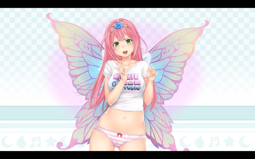 1girl alternate_hairstyle blush bow bow_panties breasts butterfly_wings checkered collarbone contrapposto cowboy_shot crop_top facing_viewer fairy fairy_wings flower gluteal_fold green_eyes hair_between_eyes hair_down hair_flower hair_ornament hairband head_tilt highres huniepop huniepop_2 kyu_sugardust letterboxed long_hair looking_at_viewer medium_breasts navel official_art open_mouth panties pink_hair pink_panties shirt solo standing striped striped_panties t-shirt translucent underwear wings