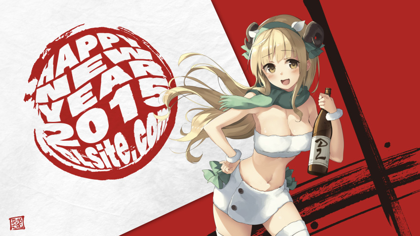 1girl 2015 :d bandeau bangs blonde_hair blunt_bangs bottle breasts cleavage dille_blood dlsite.com eyebrows_visible_through_hair floating_hair fringe green_scarf hairband hand_on_hip happy_new_year highres holding holding_bottle horns large_breasts long_hair looking_at_viewer midriff navel new_year open_mouth paseri sake_bottle scarf sidelocks skirt smile solo thighs wallpaper white_skirt year_of_the_ram