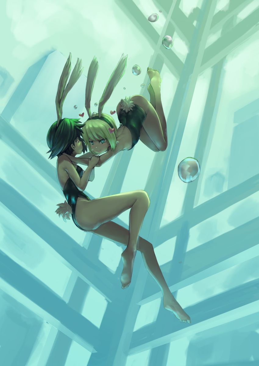 2girls absurdres animal_ears ass barefoot blonde_hair brown_hair bunny_tail bunnysuit erica_hartmann feet hands_on_another's_shoulders highres holding_breath miyafuji_yoshika multiple_girls rabbit_ears rou_(rou22) short_hair strike_witches tail underwater water world_witches_series yuri