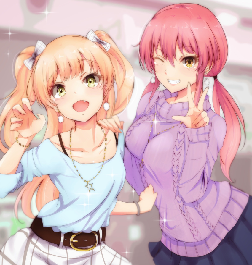 2girls :d alternate_hairstyle aran_sweater bangs belt belt_buckle blonde_hair blue_shirt blue_skirt blurry blurry_background blush bow bracelet buckle casual claw_pose collarbone commentary_request earrings eyelashes fang grin hair_bow hand_gesture hand_on_another's_shoulder hand_up highres idolmaster idolmaster_cinderella_girls jewelry jougasaki_mika jougasaki_rika long_hair looking_at_viewer low_twintails multiple_girls necklace one_eye_closed open_mouth pink_hair pleated_skirt purple_sweater ryuu. shirt siblings sidelocks sisters skirt smile sparkle sweater twintails two_side_up v white_skirt yellow_eyes