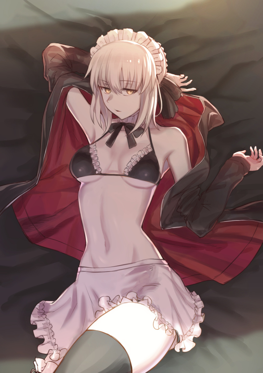 1girl apron arm_at_side arm_behind_head arm_up armpits artoria_pendragon_(all) artoria_pendragon_(swimsuit_rider_alter)_(fate) bangs bare_shoulders bed_sheet bikini black_bikini black_jacket black_legwear black_ribbon blonde_hair braid breasts breasts_apart collarbone cowboy_shot emoshon empty_eyes eyebrows_visible_through_hair eyelashes facing_viewer fate/grand_order fate_(series) french_braid frilled_apron frilled_bikini frills groin hair_between_eyes hair_ribbon half-closed_eyes halterneck highres jacket jitome long_sleeves looking_at_viewer lying maid_apron maid_bikini maid_headdress medium_breasts midriff navel on_back open_clothes open_jacket open_mouth pale_skin platinum_blonde ribbon saber_alter short_hair sidelocks solo stomach swimsuit thigh-highs tsurime under_boob waist_apron white_apron yellow_eyes zettai_ryouiki