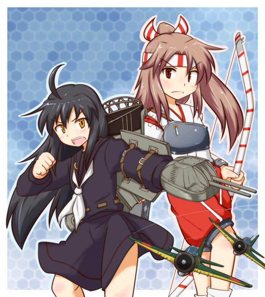 &gt;:( &gt;:o 2girls :o ahoge archery bangs black_hair black_serafuku black_skirt blue_background blush bow_(weapon) brown_eyes brown_hair buckle clenched_hand closed_mouth commentary_request crescent crescent_moon_pin cross-laced_clothes eyebrows_visible_through_hair flat_chest hachimaki hakama_pants half_updo hands_up headband hexagonal_background high_ponytail highres holding holding_bow_(weapon) holding_weapon japanese_clothes kantai_collection konokiya kyuudou long_hair long_sleeves looking_at_viewer mikazuki_(kantai_collection) model_airplane multiple_girls muneate neckerchief open_mouth outline outside_border outstretched_arm parted_bangs patterned_background raised_fist red_shorts rigging school_uniform serafuku shorts simple_background skirt standing standing_on_one_leg tabi teeth weapon white_border white_legwear white_neckerchief wide_sleeves yellow_eyes zuihou_(kantai_collection)