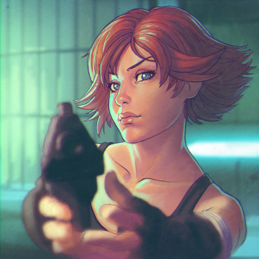 1girl aiming_at_viewer bandage blue_eyes blurry depth_of_field desert_eagle eyebrows fingerless_gloves gloves gun handgun holding holding_gun holding_weapon ilya_kuvshinov lips meryl_silverburgh metal_gear_(series) metal_gear_solid nose pistol short_hair soft_focus solo tank_top tomboy weapon