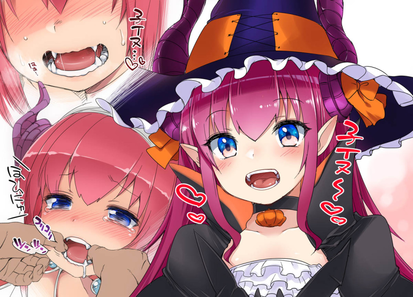 1girl bangs blush cloak collarbone elizabeth_bathory_(brave)_(fate) elizabeth_bathory_(halloween)_(fate) eyebrows_visible_through_hair fangs fate/extra fate/extra_ccc fate/grand_order fate_(series) fujisaki_hikari hair_between_eyes half-closed_eyes hat heart horns lancer_(fate/extra_ccc) long_hair multiple_views nose_blush open_mouth out_of_frame pointy_ears purple_hair saliva sidelocks smile sweat tears upper_body witch_hat