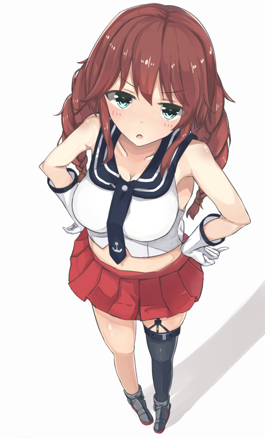 1girl absurdres anchor_symbol arms_behind_head bare_shoulders blush braid breasts brown_hair cleavage collarbone eyebrows_visible_through_hair eyes_visible_through_hair garter_straps gloves green_eyes hair_between_eyes highres hoosu_(f-o-c) kantai_collection large_breasts looking_at_viewer navel noshiro_(kantai_collection) sidelocks simple_background single_thighhigh skirt smile solo thigh-highs twin_braids white_background