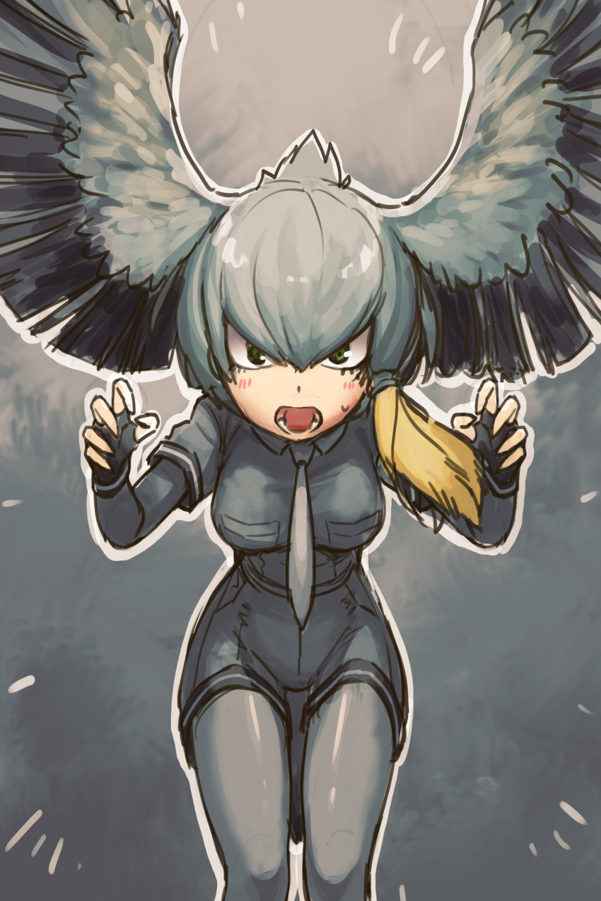 1girl absurdres bangs black_gloves bodystocking claw_pose commentary fingerless_gloves gloves green_eyes grey_hair grey_shirt grey_shorts hair_between_eyes head_wings highres kemono_friends looking_at_viewer necktie okojo_ojoko open_mouth outline shirt shoebill_(kemono_friends) short_sleeves shorts solo spread_wings tail teeth white_neckwear white_outline