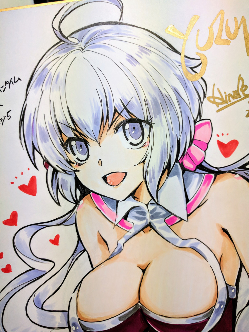 10s 1girl :d absurdres ahoge bare_shoulders breasts cleavage commentary_request hair_between_eyes heart highres hinahime large_breasts long_hair looking_at_viewer marker_(medium) open_mouth photo purple_hair senki_zesshou_symphogear shikishi smile solo traditional_media twintails yukine_chris