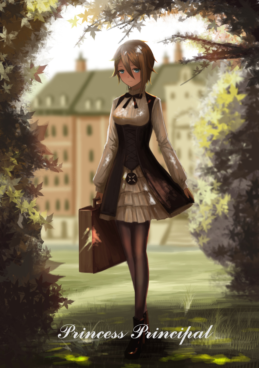1girl absurdres ange_(princess_principal) black_footwear black_legwear blue_eyes blurry boots breasts brown_hair building closed_mouth commentary copyright_name corset day depth_of_field english eyebrows_visible_through_hair hair_between_eyes highres holding leaf maple_leaf medium_breasts neck_ribbon outdoors pantyhose princess_principal ribbon school_uniform shirt skirt solo standing suitcase white_shirt white_skirt yurichtofen