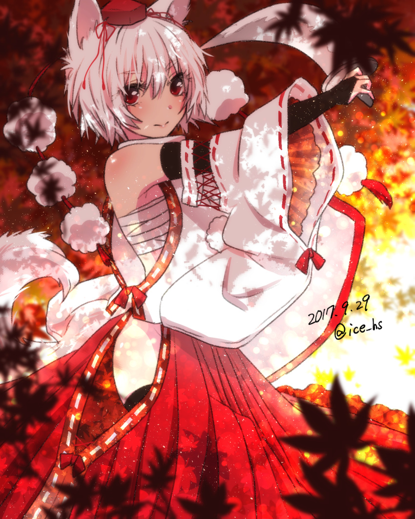 1girl animal_ears arm_up bandage bare_shoulders black_gloves blurry blush body_blush bridal_gauntlets budget_sarashi closed_mouth cowboy_shot dated depth_of_field detached_sleeves elbow_gloves eyebrows_visible_through_hair gloves hakama hat highres hip_vent holding holding_sword holding_weapon ice_(aitsugai) inubashiri_momiji japanese_clothes leaf light_particles long_sleeves looking_at_viewer outstretched_arm pom_pom_(clothes) red_eyes red_hakama red_hat red_ribbon ribbon ribbon_trim sarashi short_hair silver_hair smile solo standing sword tail tokin_hat touhou turtleneck twitter_username unsheathed weapon white_hair wolf_ears wolf_tail