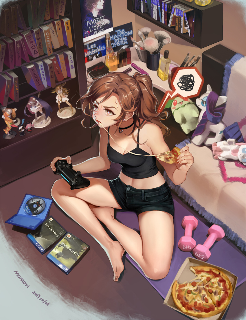 1girl bare_legs bare_shoulders barefoot black_neckwear black_shorts blanket book bookshelf bottle breasts bright_pupils brown_hair chikorita cleavage closed_mouth collarbone controller copyright_request couch dark_souls dated dualshock dumbbell earrings eating figure fingernails food from_above game_console game_controller gamepad highres holding holding_food indoors jewelry les_miserables lips long_hair mahou_shoujo_madoka_magica md5_mismatch medium_breasts morimo_68 my_little_pony paintbrush phantom_of_the_opera pizza pizza_box playstation pokemon ponytail poster_(object) rarity room shorts solo souls_(from_software) speech_bubble spoken_squiggle squiggle stud_earrings stuffed_toy sweat sylveon table violet_eyes