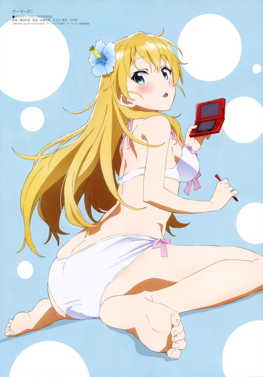 1girl absurdres ass barefoot bikini blonde_hair blue_flower blush breasts copyright_name feet flower full_body gamers! green_eyes hair_flower hair_ornament handheld_game_console highres holding long_hair looking_at_viewer looking_back medium_breasts megami nintendo_ds official_art open_mouth shimada_kazuaki sideboob sitting soles solo swimsuit tendou_karen toes very_long_hair white_bikini