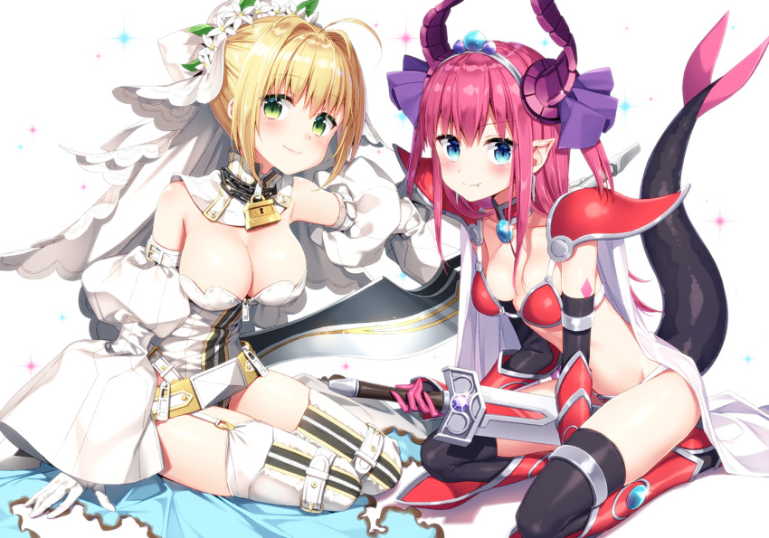 2girls armor bangs belt black_legwear blue_eyes blush breasts bridal_veil cape chains cleavage closed_mouth commentary_request dragon_tail dress elizabeth_bathory_(brave)_(fate) fate/grand_order fate_(series) flower gloves green_eyes hair_flower hair_ornament horn_ribbon horns jpeg_artifacts lancer_(fate/extra_ccc) lock looking_at_viewer masuishi_kinoto multiple_girls pose ribbon saber_bride saber_extra small_breasts smile sparkle sword tail veil weapon white_dress white_legwear zipper