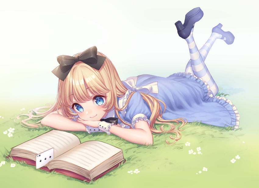 1girl alice_(wonderland) alice_in_wonderland artist_name bangs black_footwear blonde_hair blue_dress blue_eyes blush book bow card chin_rest dress eyebrows_visible_through_hair flower frilled_dress frills full_body grass hair_bow high_heels legs_up long_hair looking_at_viewer lying mary_janes on_back open_book pantyhose playing_card puffy_short_sleeves puffy_sleeves reading sakura_shiho_(shihoncake) shoes short_sleeves smile solo spade_(shape) striped striped_legwear wrist_cuffs