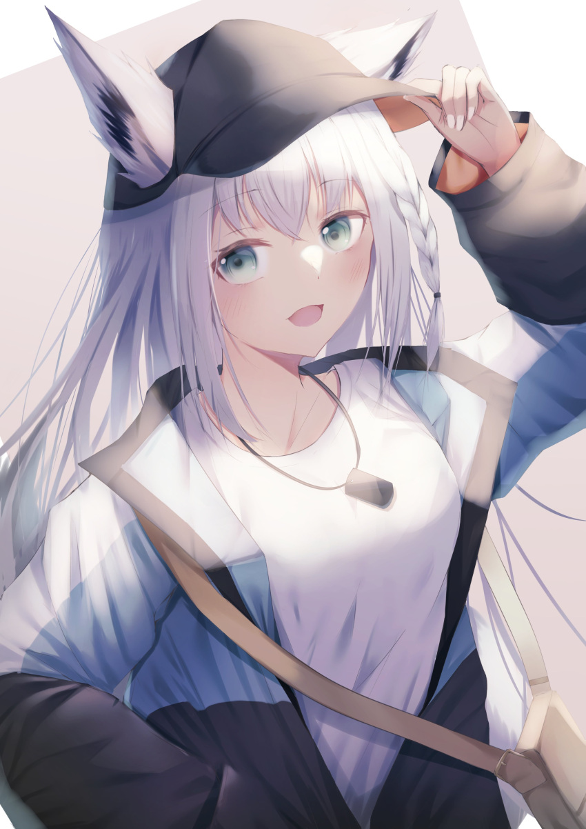 1girl absurdres adjusting_clothes adjusting_headwear animal_ears bag bangs blush braid commentary_request dog_tags ears_through_headwear evaiyu eyebrows_visible_through_hair fox_ears fox_girl green_eyes hair_between_eyes hand_in_pocket hat highres hololive jacket long_hair looking_at_viewer open_clothes open_jacket open_mouth peaked_cap shirakami_fubuki shirt shoulder_bag sidelocks simple_background single_braid solo virtual_youtuber white_background white_hair white_shirt