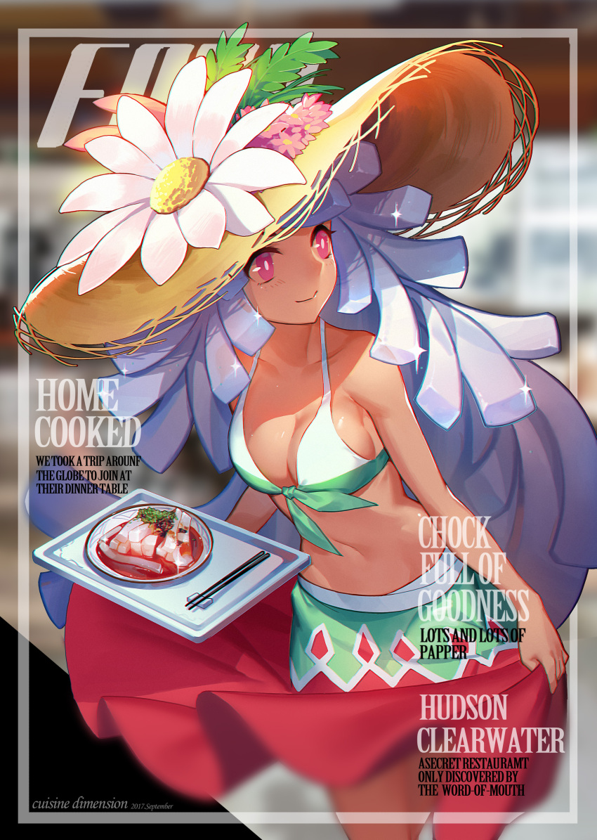 1girl 2017 absurdly_long_hair absurdres blush breasts chopsticks cleavage closed_mouth collarbone cover doitsu_no_kagaku english fake_cover flower food hat highres holding holding_tray large_breasts long_hair looking_away navel original plate red_eyes september silver_hair smile solo tray very_long_hair