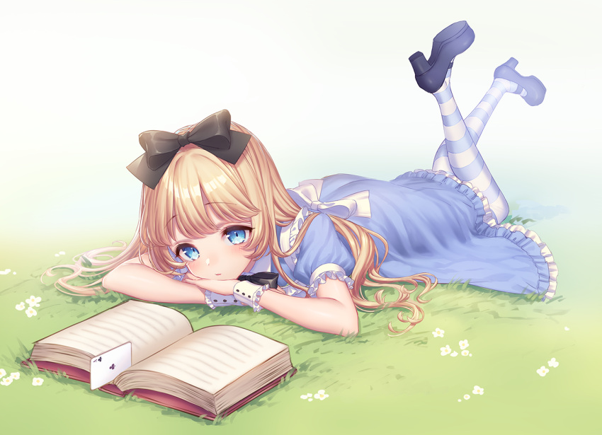1girl alice_(wonderland) alice_in_wonderland artist_name bangs black_footwear blonde_hair blue_dress blue_eyes blush book bow card chin_rest club_(shape) dress eyebrows_visible_through_hair flower frilled_dress frills full_body grass hair_bow high_heels legs_up long_hair looking_at_viewer lying mary_janes on_back open_book pantyhose parted_lips playing_card puffy_short_sleeves puffy_sleeves reading sakura_shiho_(shihoncake) shoes short_sleeves solo striped striped_legwear wrist_cuffs