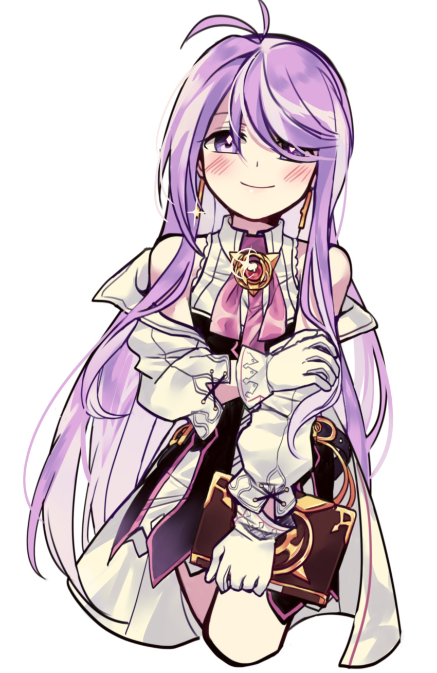 1girl absurdres ahoge aisha_(elsword) artist_request bare_shoulders blush blush_stickers collared_dress colored cover cover_page dress earrings elsword frills glint gloves hair_over_one_eye hand_on_own_arm highres jacket jewelry long_hair necktie puffy_short_sleeves puffy_sleeves purple_hair short_sleeves smile solo tie_clip violet_eyes white_background white_gloves