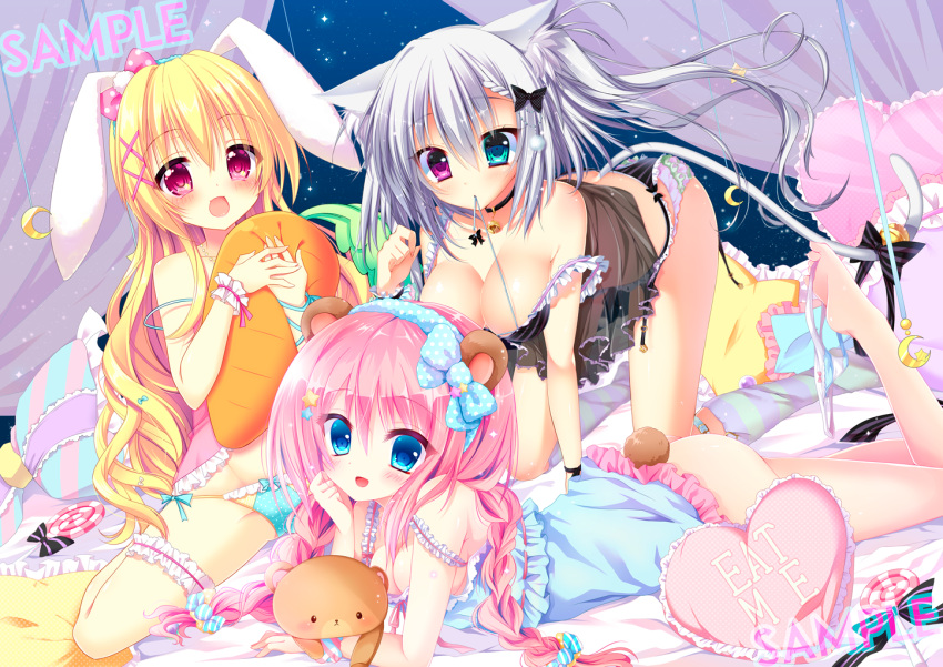 3girls :d all_fours animal_ears aoi_yun arm_ribbon ass bangs bare_legs bare_shoulders barefoot bear_ears bear_girl bear_tail bed bell bell_choker belt_buckle between_toes black_bow black_neckwear blonde_hair blue_belt blue_bow blue_eyes blue_hairband blue_panties blue_ribbon blush bottomless bow bow_panties braid breasts buckle candy candy_hair_ornament canopy_bed cat_ears cat_girl cat_tail choker cleavage collarbone commentary_request crescent diagonal_stripes eat_me eyebrows_visible_through_hair feet fingernails food food_themed_hair_ornament foot_hold frilled_pillow frills hair_between_eyes hair_ornament hairband head_rest heart heart_pillow heterochromia jingle_bell kneehighs large_breasts leg_belt leg_garter lingerie lollipop long_hair looking_at_viewer lying medium_breasts mouth_hold multiple_girls negligee night night_sky nightgown no_shoes object_hug on_bed on_stomach open_mouth original panties panties_around_leg pillow pink_hair pink_panties polka_dot polka_dot_hairband polka_dot_panties polka_dot_pillow rabbit_ears ribbon sample see-through silver_hair sitting sky smile spread_legs star star_(sky) star_hair_ornament starry_sky striped striped_bow striped_legwear stuffed_animal stuffed_carrot stuffed_toy swirl_lollipop tail tail_bell tail_bow teddy_bear twin_braids twintails underwear very_long_hair violet_eyes white_panties wrist_cuffs yellow_bow