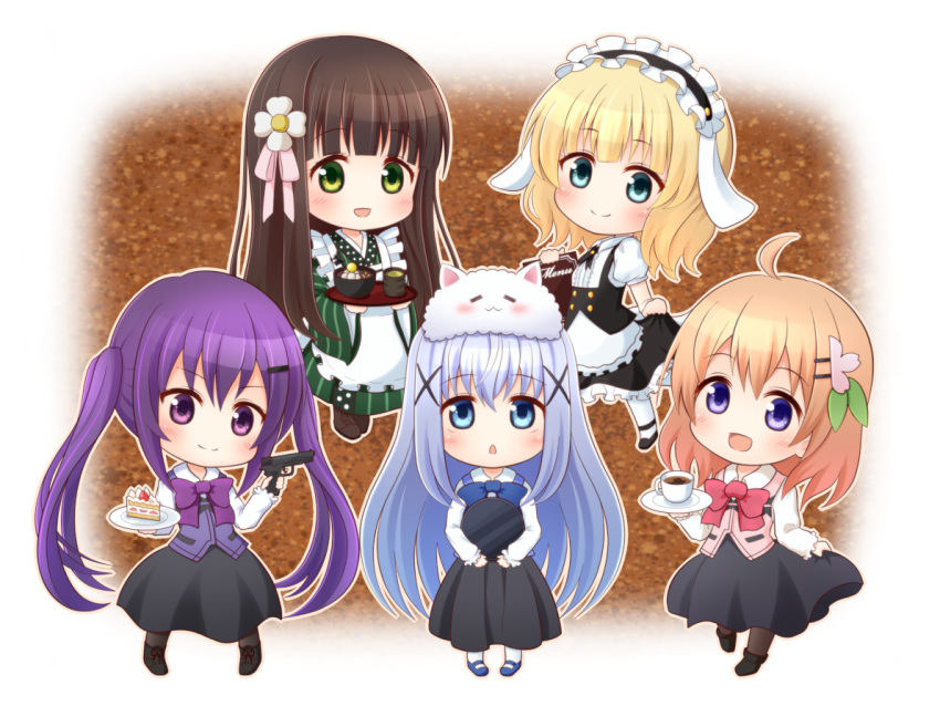 5girls :d ahoge ama_usa_an_uniform animal_ears apron aqua_eyes bangs black_footwear black_legwear black_skirt blue_bow blue_footwear blue_neckwear blue_vest blunt_bangs blush bolo_tie boots bow bowl bowtie brown_footwear brown_hair cake chestnut_mouth chibi chocolate_hair closed_mouth coffee collared_shirt commentary_request cup everyone eyebrows_visible_through_hair fake_animal_ears fleur_de_lapin_uniform floppy_ears flower food frilled_apron frilled_skirt frills full_body gochuumon_wa_usagi_desu_ka? gradient gradient_background green_eyes green_kimono green_tea hair_flower hair_ornament hairclip holding holding_menu holding_tray hoto_cocoa japanese_clothes kafuu_chino kimono kirima_sharo konatsu_hisagi light_blue_hair long_hair long_skirt long_sleeves looking_at_viewer maid_apron maid_headdress menu multiple_girls open_mouth orange_hair outline pantyhose pink_ribbon pink_vest polka_dot_trim puffy_short_sleeves puffy_sleeves purple_bow purple_bowtie purple_hair purple_vest rabbit_ears rabbit_house_uniform red_bow red_bowtie ribbon saucer shirt shoes short_sleeves sidelocks skirt skirt_hold smile striped striped_kimono tea tedeza_rize tray ujimatsu_chiya underbust vest waist_apron white_apron white_flower white_legwear white_outline white_shirt wide_sleeves wing_collar x_hair_ornament yunomi