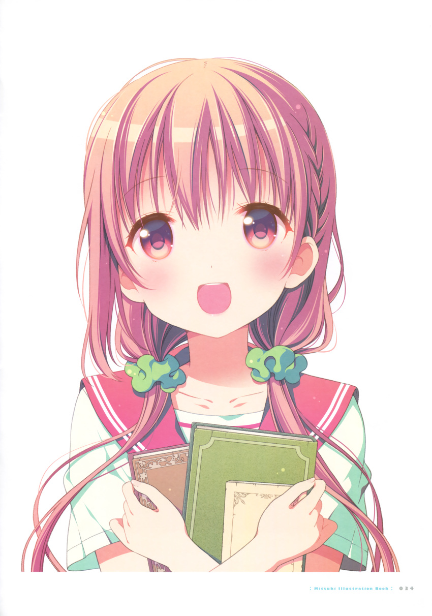 1girl absurdres artist_name blush book brown_eyes brown_hair closed_book collarbone eyebrows_visible_though_hair hair_ornament hair_scrunchie highres hinako_note holding holding_book long_hair looking_at_viewer march-bunny open_mouth page_number school_uniform scrunchie serafuku shirt short_sleeves simple_background solo twintails upper_body white_background white_shirt