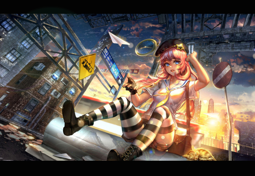 1girl backlighting bag beret blue_eyes breasts cat dutch_angle from_below full_body gloves hat highres letterboxed lips medium_breasts original paper_airplane pink_hair road_sign sailor_collar sangrde satchel short_shorts shorts sign single_glove sitting solo striped striped_legwear sunset thigh-highs