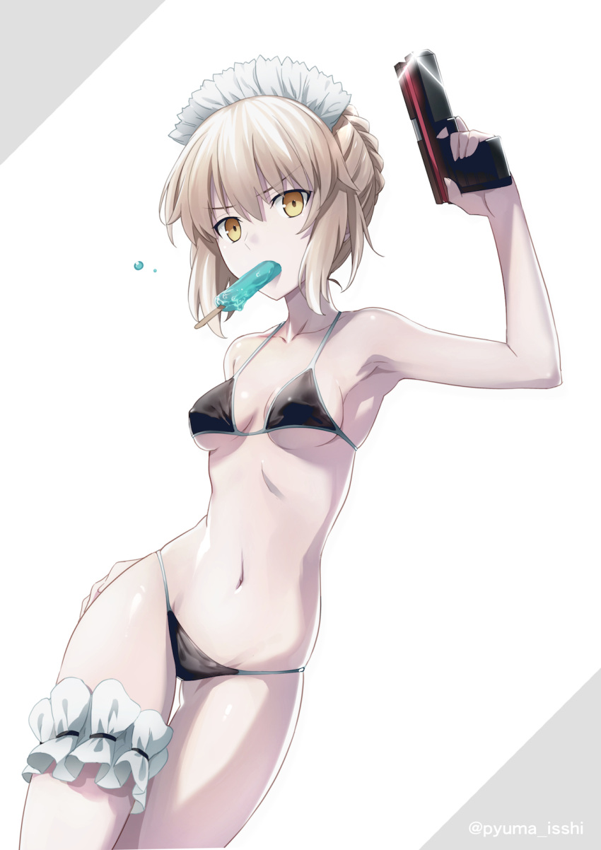 1girl arm_behind_back artoria_pendragon_(all) artoria_pendragon_(swimsuit_rider_alter)_(fate) bangs bare_arms bare_shoulders bikini black_bikini blonde_hair braid breasts breasts_apart collarbone commentary_request contrapposto cowboy_shot eyebrows_visible_through_hair fate/grand_order fate_(series) finger_on_trigger fingernails food french_braid frills gluteal_fold groin gun hair_between_eyes hair_bun hand_on_hip hand_on_thigh hand_up handgun highres holding holding_gun holding_weapon leg_garter long_fingernails looking_at_viewer maid maid_bikini maid_headdress medium_breasts midriff mouth_hold navel popsicle puma_(hyuma1219) revision saber_alter short_hair sidelocks simple_background small_breasts solo stomach swimsuit thigh_gap tsurime twitter_username under_boob weapon white_background yellow_eyes