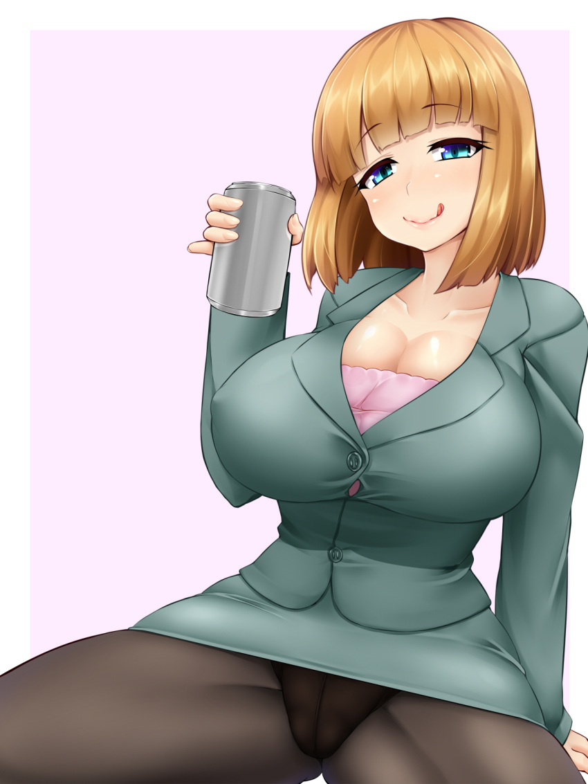 1girl :q amau_(kosmos) bangs beer_can black_legwear blue_eyes blunt_bangs blush bob_cut breasts brown_hair can cleavage collarbone erect_nipples formal highres large_breasts long_sleeves looking_at_viewer office_lady panties panties_under_pantyhose pantyhose pencil_skirt shinsotsu_nanafushigi short_hair skirt skirt_suit solo suit tongue tongue_out underwear