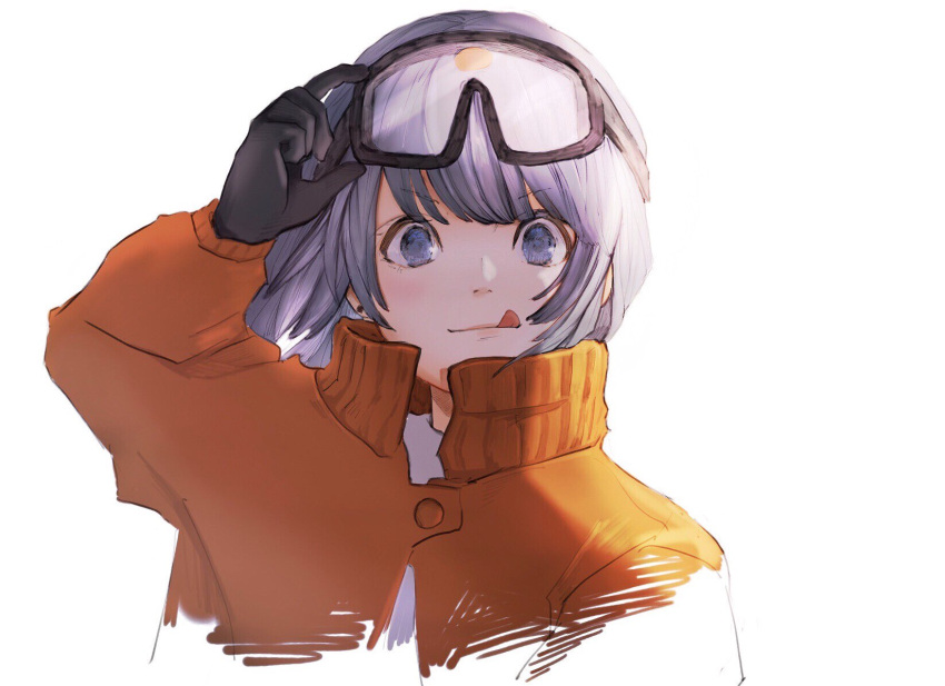 &gt;:q 1girl :q bangs black_gloves blue_eyes blue_hair blunt_bangs blush coat commentary_request eyebrows_visible_through_hair gloves hand_on_goggles hand_up highres long_sleeves looking_at_viewer orange_coat original sako_(user_ndpz5754) shirt short_hair simple_background smile solo tongue tongue_out white_background white_shirt