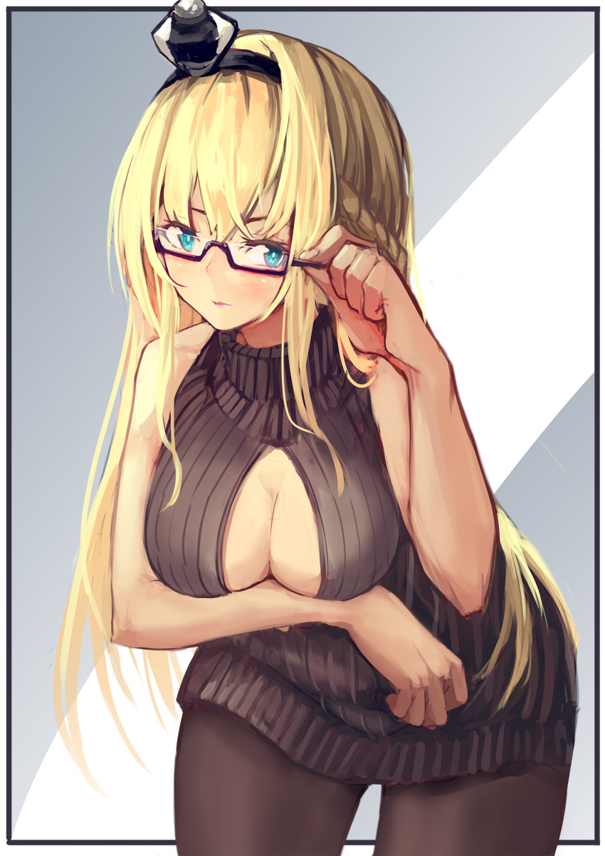 1girl arm_up bare_shoulders blonde_hair blue_eyes breasts cleavage crown glasses hair_between_eyes hair_ornament hand_on_glasses highres kantai_collection large_breasts long_hair looking_at_viewer meme_attire open-chest_sweater open_mouth pantyhose senwa sidelocks simple_background solo sweater warspite_(kantai_collection)