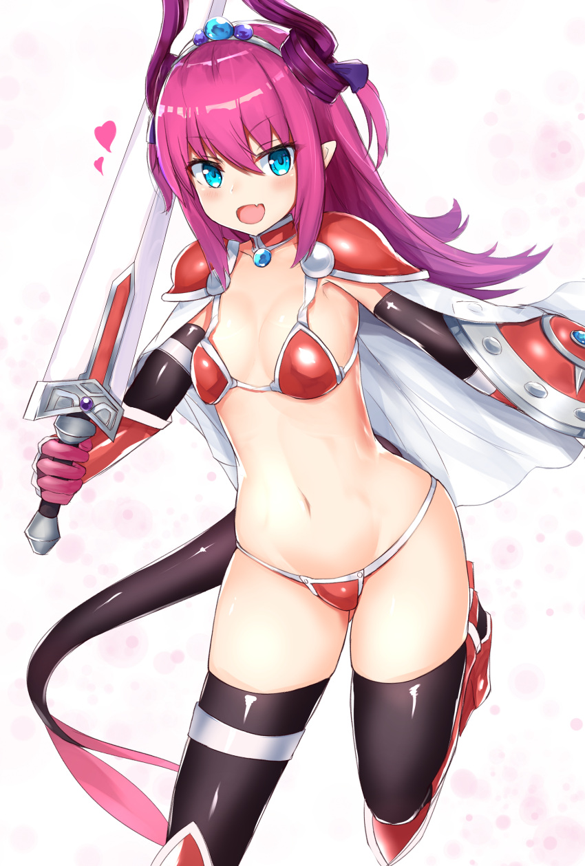 &gt;:d 1girl :d absurdres armlet armor bangs bikini bikini_armor black_gloves black_legwear blue_eyes blush breasts cape collarbone commentary_request curled_horns dragon_tail elbow_gloves elizabeth_bathory_(brave)_(fate) eyebrows_visible_through_hair fang fate/grand_order fate_(series) gloves greaves groin hair_between_eyes heart highres holding holding_sword holding_weapon horn_ribbon horns jewelry lancer_(fate/extra_ccc) leg_up long_hair looking_at_viewer nanakaku navel open_mouth pendant pink_hair pointy_ears purple_ribbon red_armor red_bikini red_collar ribbon shield shiny shiny_clothes shiny_hair shiny_skin shoulder_armor sidelocks skindentation small_breasts smile solo standing standing_on_one_leg swimsuit sword tail thigh-highs tiara two_side_up vambraces weapon white_background white_cape