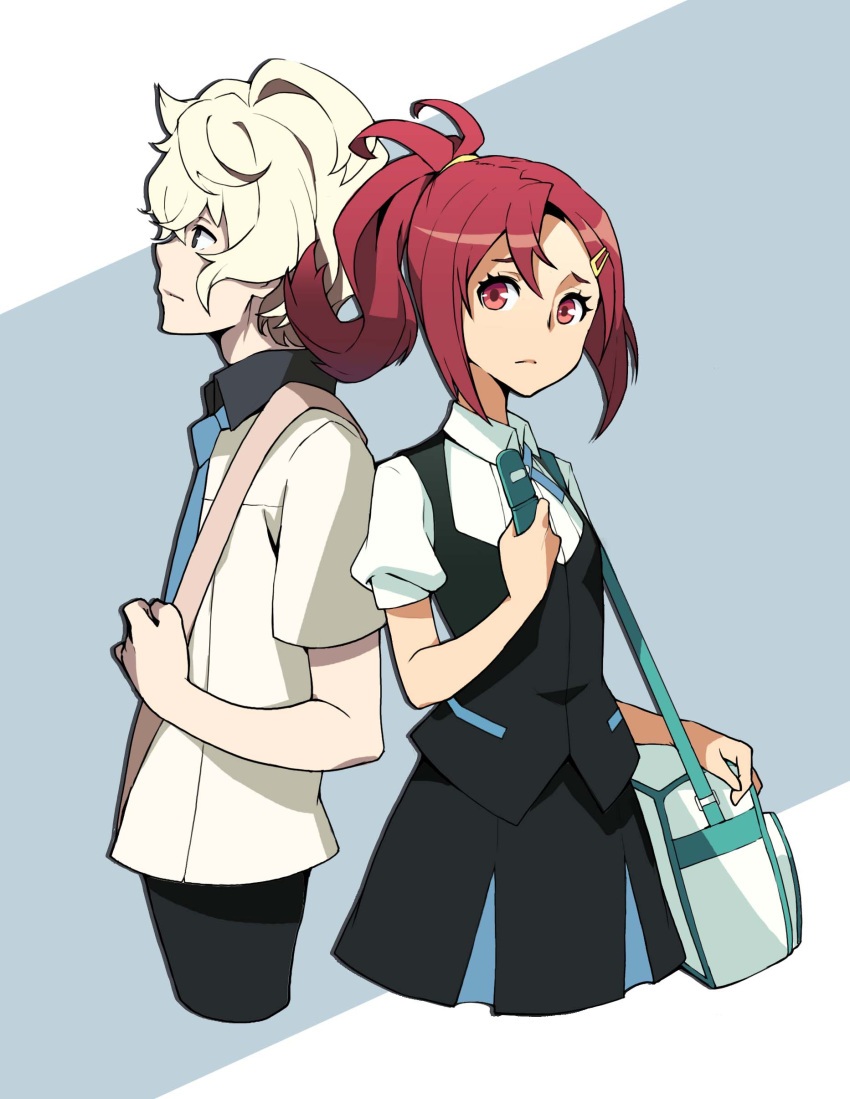 1boy 1girl absurdres agata_katsuhira bag bangs black_pants black_skirt black_vest blue_neckwear cellphone closed_mouth cropped_legs doitsu_no_kagaku flip_phone frown hair_between_eyes hair_ornament hairclip highres holding holding_phone kiznaiver looking_at_viewer looking_up necktie pants phone pleated_skirt ponytail red_eyes redhead shirt short_sleeves shoulder_bag skirt takashiro_chidori two-tone_background vest white_hair white_shirt