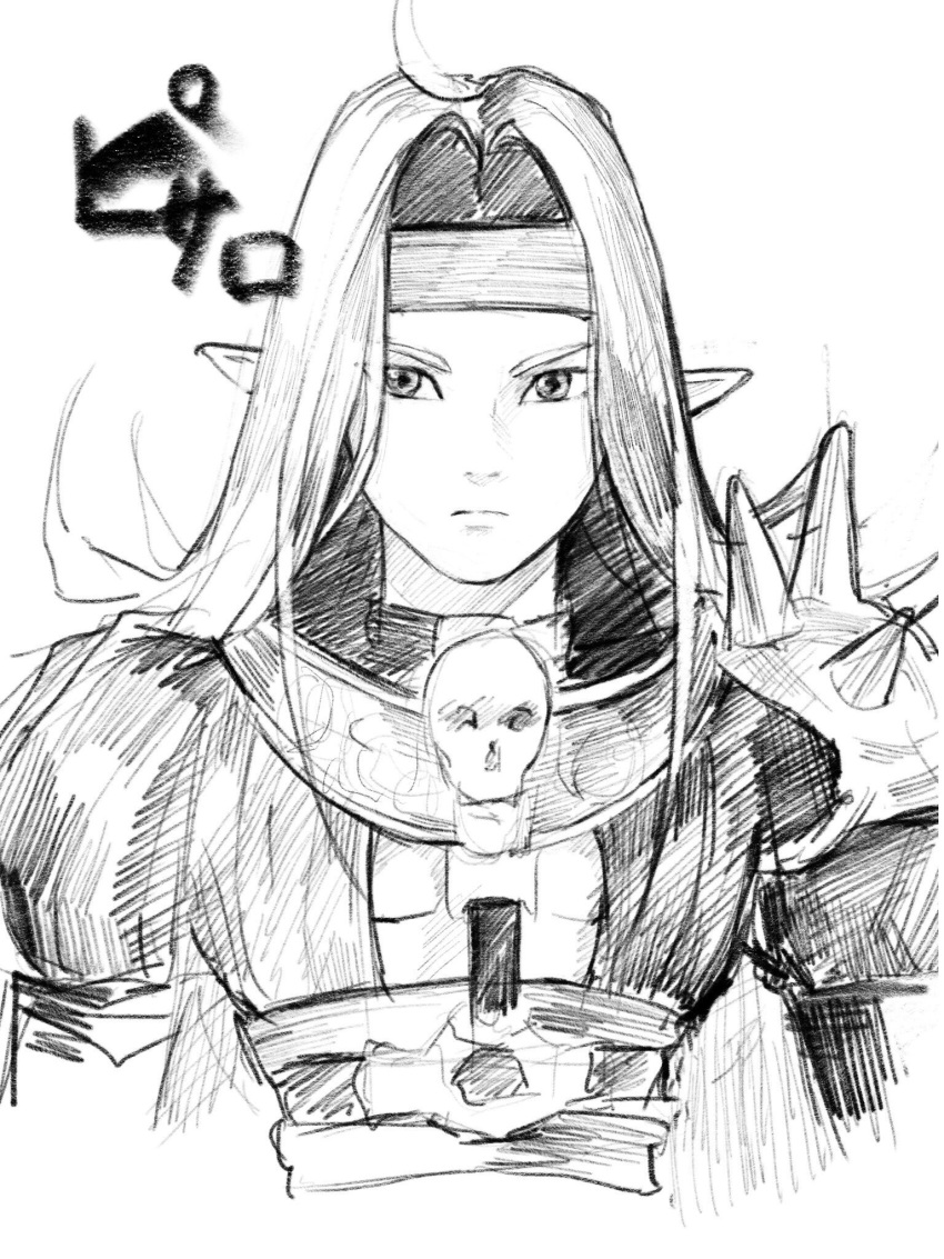 1boy armor character_name closed_mouth commentary_request dragon_quest dragon_quest_iv frown headband highres long_hair looking_at_viewer male_focus pauldrons pisaro pointy_ears sako_(user_ndpz5754) serious shoulder_spikes simple_background sketch skull solo spikes traditional_media white_background