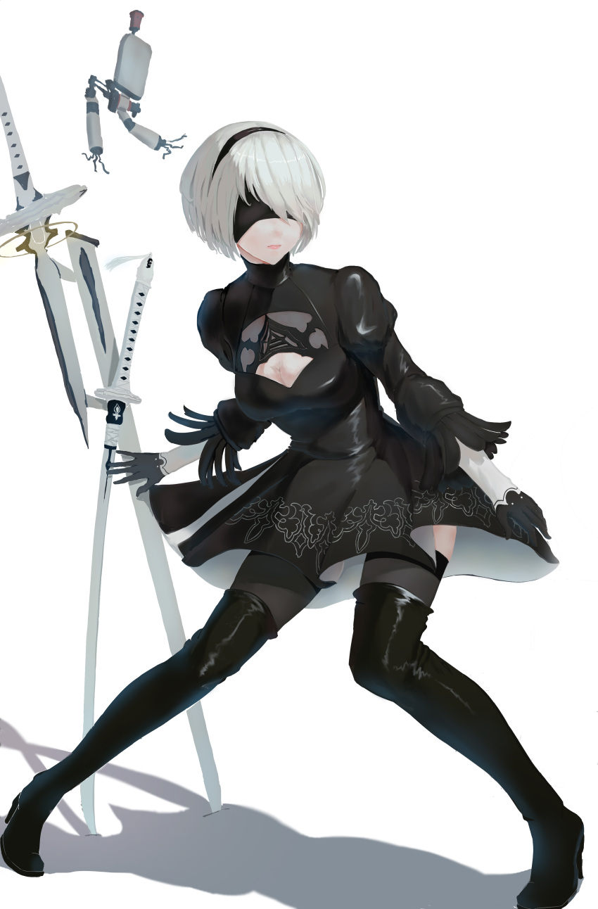 absurdres black_dress black_footwear black_hairband black_legwear blindfold boots breasts cleavage_cutout covered_eyes dress feather-trimmed_sleeves hairband highres ijuun juliet_sleeves katana leotard long_sleeves medium_breasts nier_(series) nier_automata pink_lips pod_(nier_automata) puffy_sleeves sword thigh-highs thighhighs_under_boots weapon white_hair white_leotard yorha_no._2_type_b