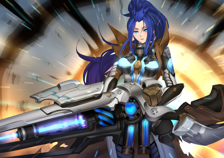 1girl blue_eyes blue_hair bodysuit breasts caitlyn_(league_of_legends) gun highres huge_weapon large_breasts league_of_legends long_ponytail pd_(pdpdlv1) pulsefire_caitlyn rifle science_fiction sniper_rifle tagme weapon