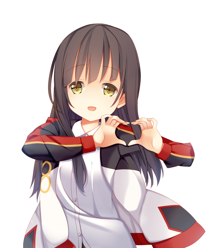 1girl :d absurdres alternate_eye_color bangs blunt_bangs brown_hair chocolate_hair collared_shirt commentary_request dress_shirt eyebrows_visible_through_hair flat_chest gochuumon_wa_usagi_desu_ka? heart heart_hands highres jacket jyt long_hair long_sleeves looking_at_viewer open_mouth shirt simple_background smile solo ujimatsu_chiya upper_body white_background white_shirt wing_collar yellow_eyes