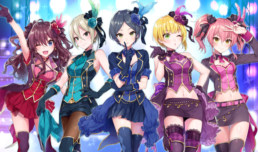 5girls ;d ahoge aqua_rose arm_up ascot bangs bare_shoulders belt black_bow black_gloves black_ribbon blonde_hair blown_kiss blue_eyes blue_rose blue_skirt blush boots bow breasts brooch brown_eyes brown_hair brown_legwear choker closed_mouth cravat crescent crescent_earrings criss-cross_halter detached_collar diamond_(shape) earrings eyebrows_visible_through_hair eyelashes feathers finger_to_mouth flower frilled_choker frills gloves groin hair_between_eyes hair_bow hair_feathers hair_flower hair_ornament hair_ribbon halter_top halterneck hand_on_hip hand_up hayami_kanade holding ichinose_shiki idolmaster idolmaster_cinderella_girls index_finger_raised jewelry jougasaki_mika lace lace-trimmed_thighhighs legs_apart lineup lipps_(idolmaster) long_hair looking_at_viewer matching_outfit medium_breasts miniskirt miyamoto_frederica multiple_girls navel one_eye_closed open_mouth palms pantyhose pencil_skirt pink_hair pink_rose pleated_skirt print_legwear purple_bow purple_rose purple_skirt red_rose red_skirt revision ribbon rose shiomi_shuuko shirako_miso short_hair short_necktie short_shorts short_sleeves shorts shushing skirt skirt_set sleeveless smile stage stage_lights standing stomach tailcoat thigh-highs thigh_boots thigh_gap tulip_(idolmaster) twintails two_side_up v wavy_hair wrist_cuffs yellow_eyes zettai_ryouiki