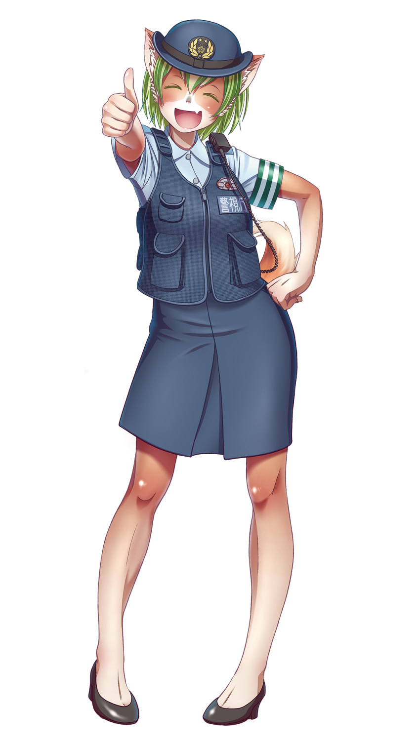 1girl animal_ears dog_ears dog_tail full_body furry green_eyes green_hair hand_on_hip highres pigeon-toed short_hair solo tail tewatasanaiinu tokyo_metropolitan_police_department wokada