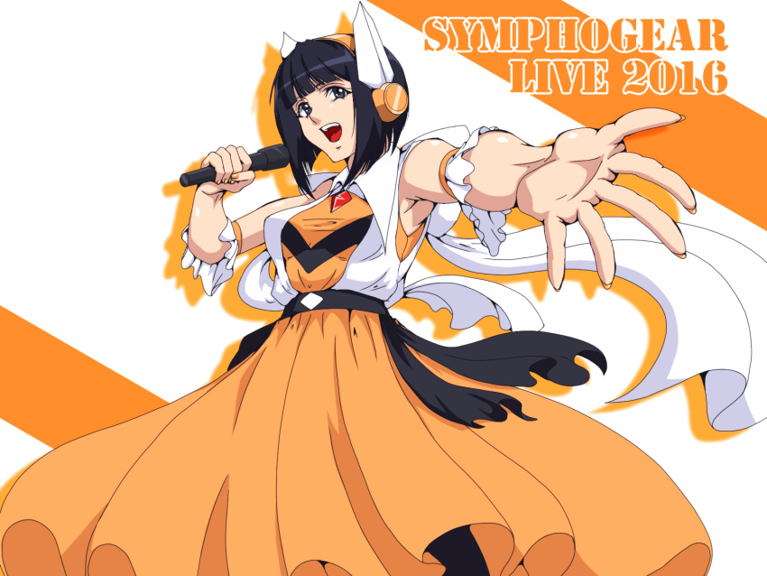 10s 1girl aoi_yuu_(komeda_yuu) armpits bangs black_hair blunt_bangs commentary_request dress foreshortening headphones highres microphone music open_mouth orange_dress outstretched_arm seiyuu_connection senki_zesshou_symphogear singing solo standing tachibana_hibiki_(symphogear) yuuki_aoi