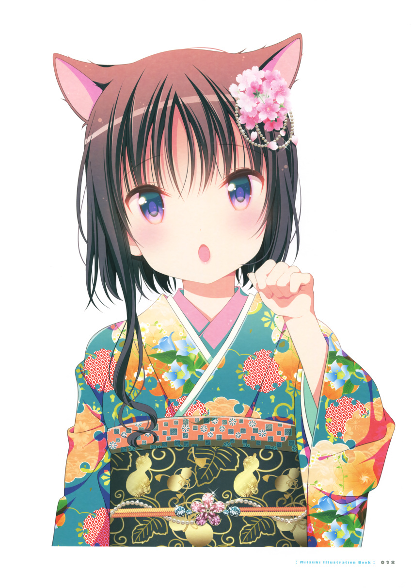 1girl absurdres animal_ears artist_name black_hair blush cat_ears eyebrows_visible_though_hair flower hair_flower hair_ornament head_tilt highres hinako_note japanese_clothes kimono looking_at_viewer march-bunny obi open_mouth page_number paw_pose pink_flower sash short_hair_with_long_locks sidelocks simple_background solo violet_eyes white_background yukata