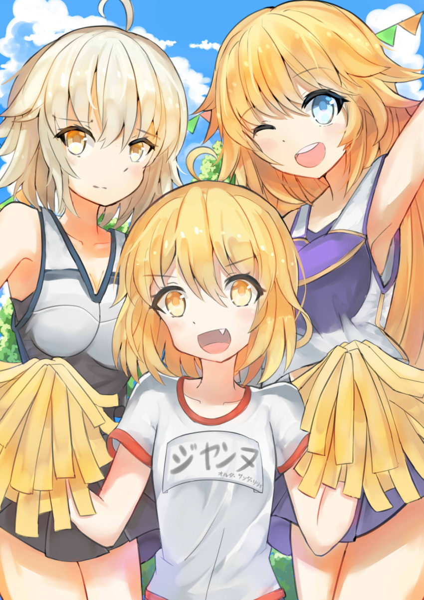 3girls :d :o ahoge blonde_hair blue_eyes cheerleader fang fate/grand_order fate_(series) grey_hair gym_uniform highres jeanne_alter jeanne_alter_(santa_lily)_(fate) long_hair looking_at_viewer multiple_girls name_tag one_eye_closed open_mouth pom_poms ruler_(fate/apocrypha) short_hair skirt smile translated xly_97 yellow_eyes