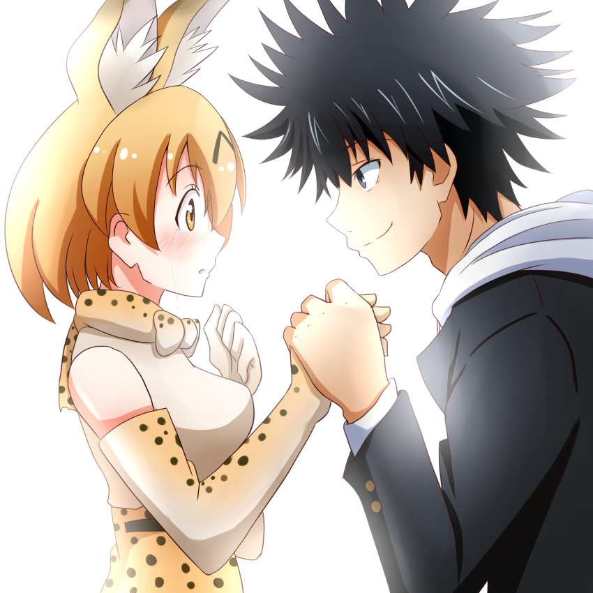 1boy 1girl absurdres animal_ears animal_print bangs black_eyes black_hair blush bow bowtie breasts clenched_hand closed_eyes commentary_request crossover crying elbow_gloves from_side gakuran gloves hand_on_own_chest highres holding_hand hood hoodie kamijou_touma kemono_friends long_sleeves looking_at_another medium_breasts orange_eyes orange_hair profile saibara_(flash-dyna-1994) school_uniform serval_(kemono_friends) serval_ears serval_print smile spiky_hair tears to_aru_majutsu_no_index upper_body white_background