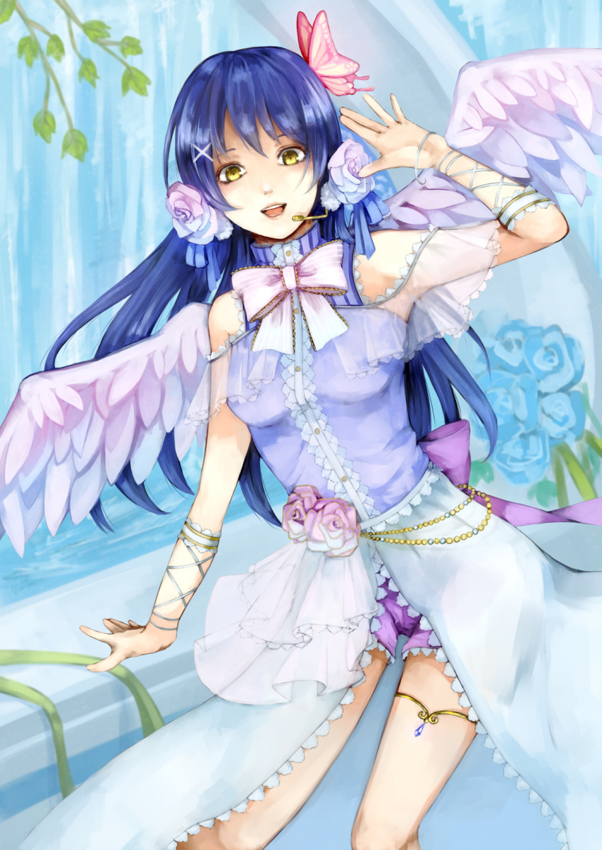 1girl angel_wings bangs blue_hair butterfly_hair_ornament cowboy_shot flower hair_between_eyes hair_flower hair_ornament hairclip hand_up headset highres long_hair looking_at_viewer love_live! love_live!_school_idol_festival love_live!_school_idol_project mamiru_(42105269) microphone open_mouth shorts sleeveless smile solo sonoda_umi wings x_hair_ornament yellow_eyes
