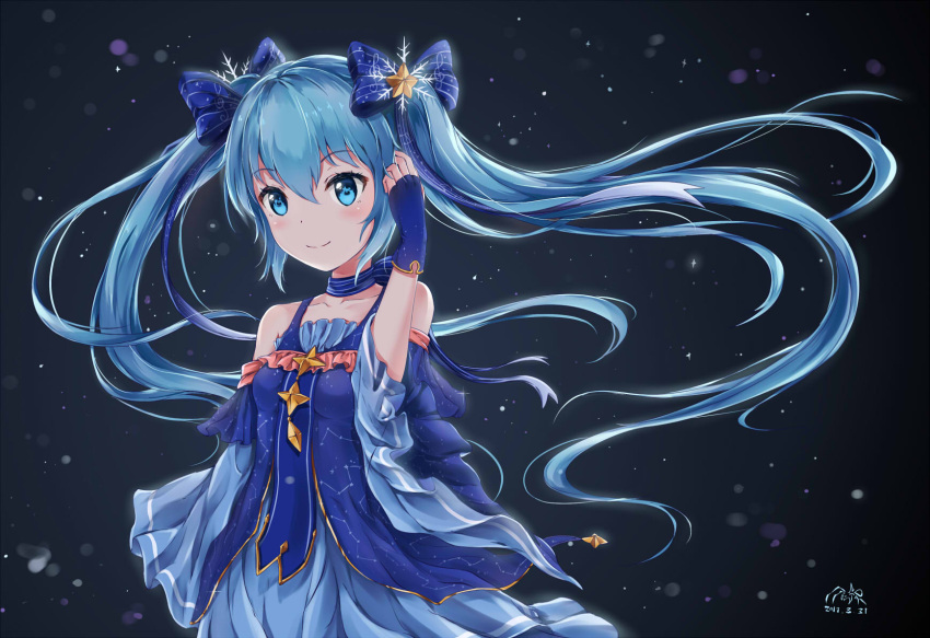 1girl bare_shoulders blue_dress blue_eyes blue_hair bow choker dated dress fingerless_gloves gloves hair_bow happy_birthday hatsune_miku highres musical_note shibanme_tekikumo smile solo twintails vocaloid wide_sleeves yuki_miku