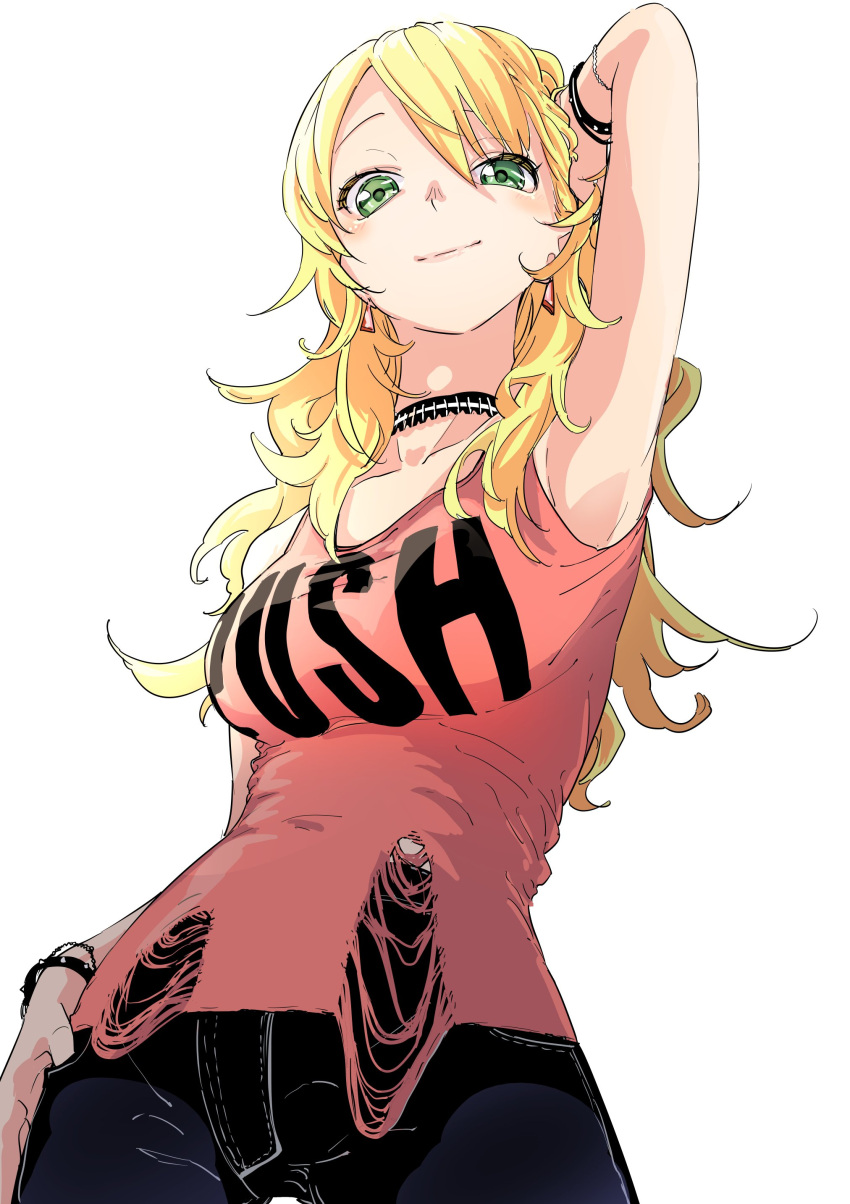 1girl absurdres blonde_hair bracelet breasts choker denim earrings fukyuu green_eyes hand_on_hip highres hoshii_miki idolmaster jeans jewelry long_hair pants shirt simple_background smile solo tank_top torn_clothes torn_shirt