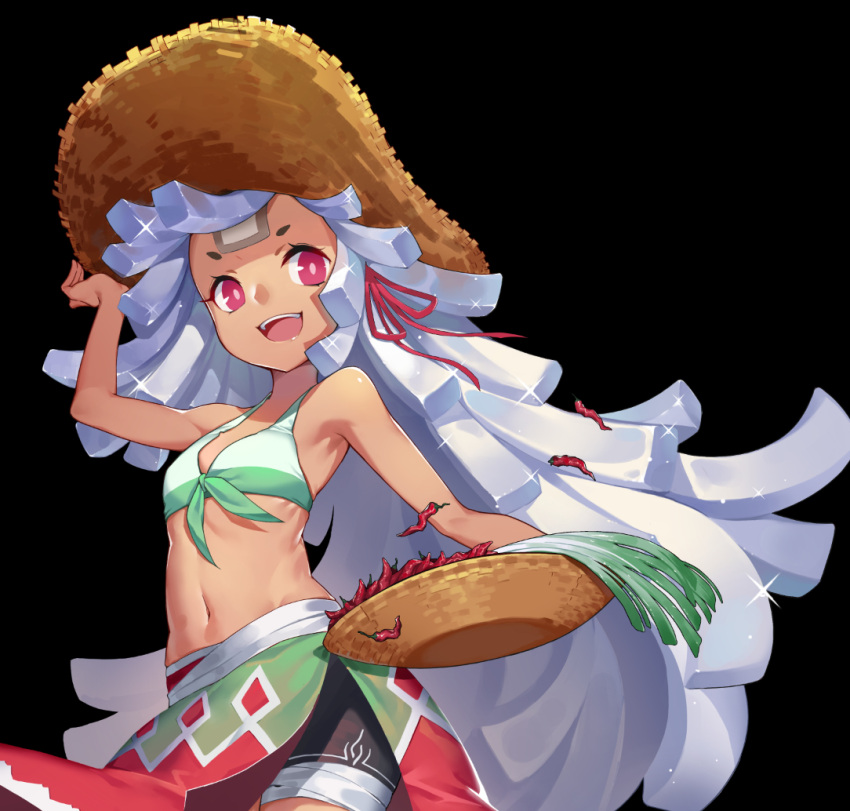 1girl absurdly_long_hair basket black_background blush doitsu_no_kagaku eyebrows hat holding_basket long_hair looking_at_viewer navel open_mouth original red_eyes silver_hair simple_background smile solo very_long_hair