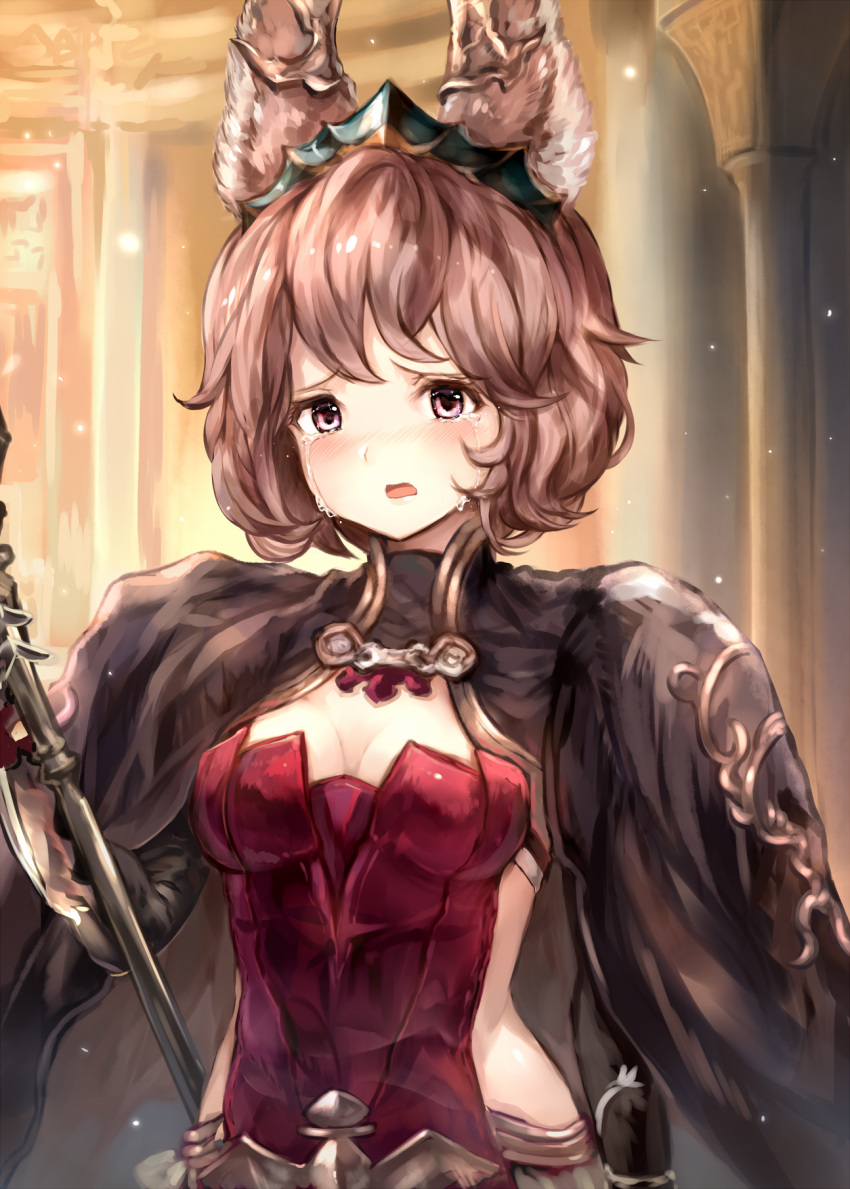 1girl animal_ears blush breasts brown_hair cleavage cloak constance_(granblue_fantasy) crying crying_with_eyes_open erun_(granblue_fantasy) granblue_fantasy highres looking_at_viewer medium_breasts no_glasses open_mouth red_eyes solo staff sukemyon tears tiara upper_body